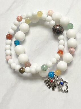 Colorful Beaded Stretch Bracelet Set, Matte White Jade, Charm Bracelet